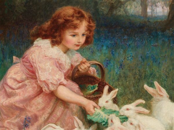 Closeup of Feeding the Rabbits known as Alice in Wonderland by Fred Morgan (British, 1856–1927)